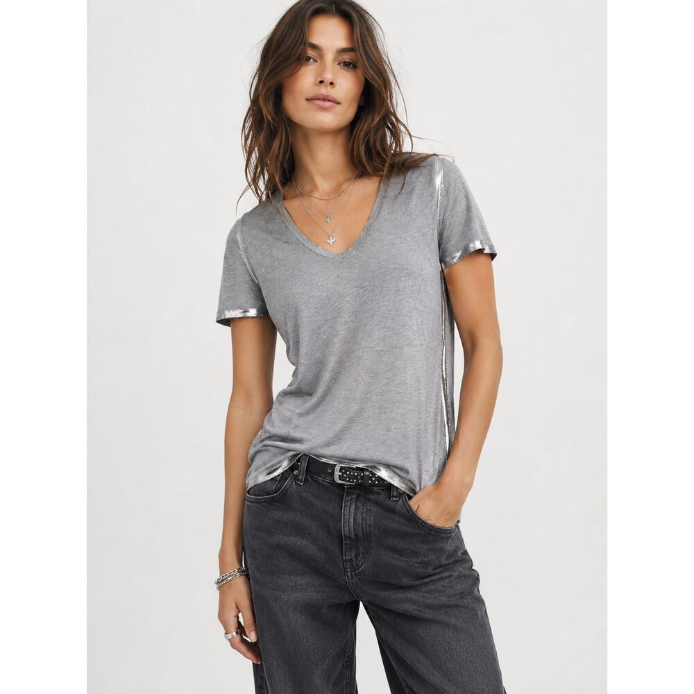 Zadig & Voltaire Tino Foil Accent T-Shirt Gris Chine Metallic Trim Tee Size M